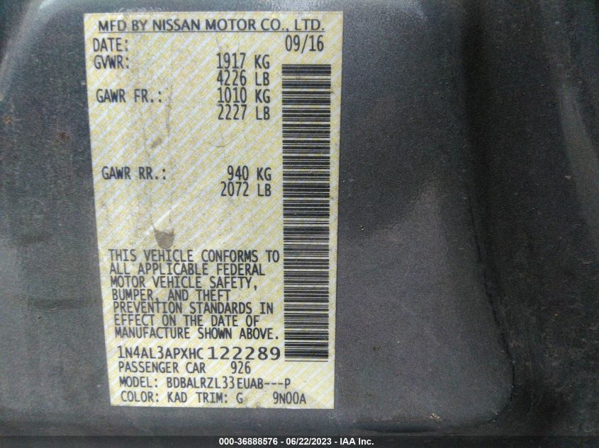 2017 NISSAN ALTIMA 2.5 SL - 1N4AL3APXHC122289