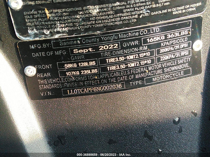 VIN LL0TCAPF6NG002036 2022 OTHER OTHER