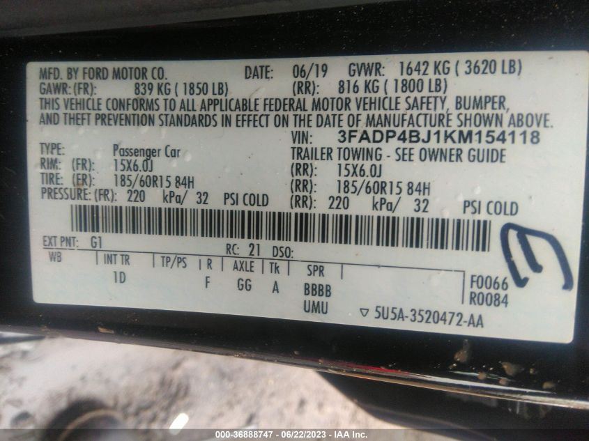 2019 FORD FIESTA SE - 3FADP4BJ1KM154118
