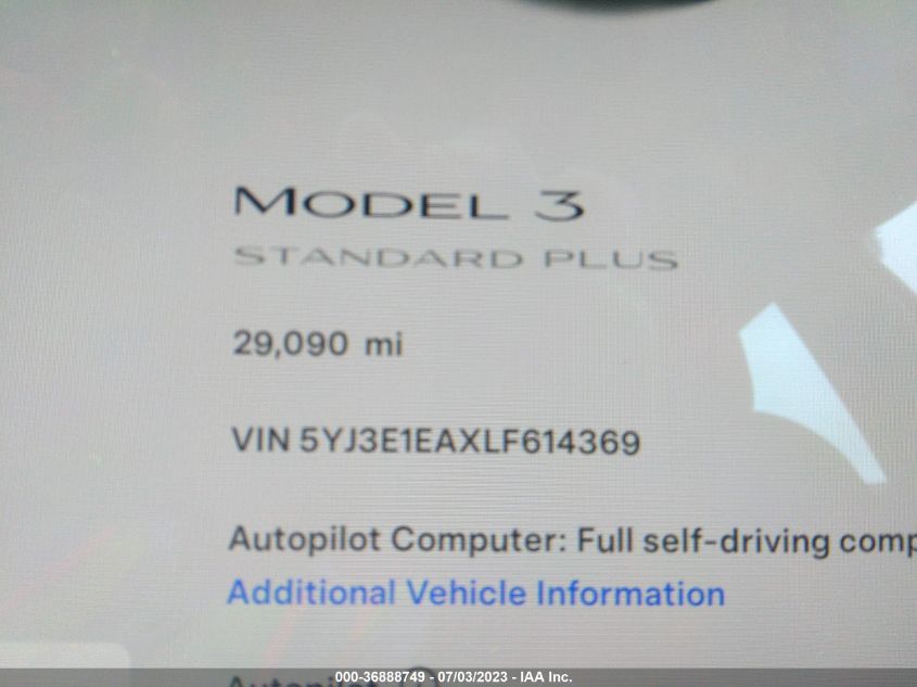 2020 TESLA MODEL 3 - 5YJ3E1EAXLF614369