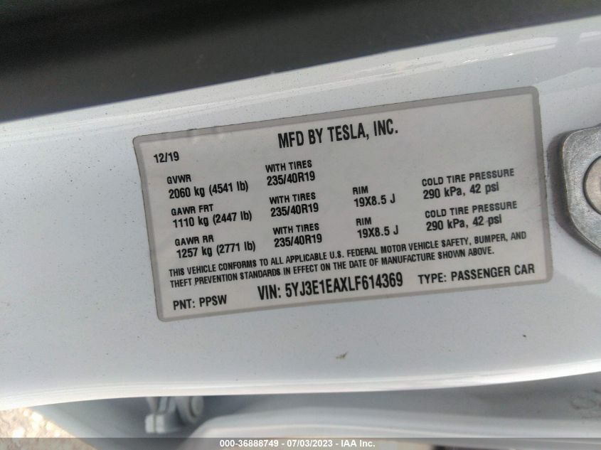 2020 TESLA MODEL 3 - 5YJ3E1EAXLF614369