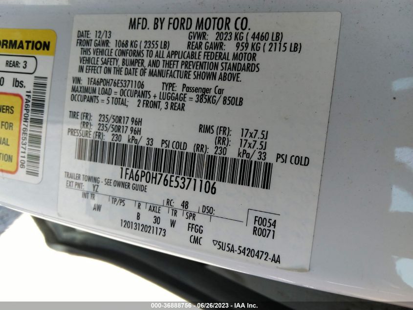 2014 FORD FUSION SE - 1FA6P0H76E5371106