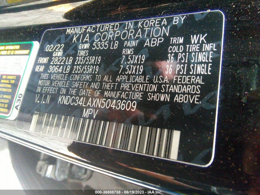 2022 KIA EV6 WIND KNDC34LAXN5043609