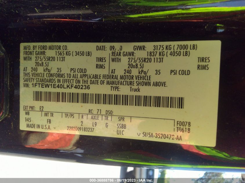 2020 FORD F-150 XL/XLT/LARIAT - 1FTEW1E40LKF40236