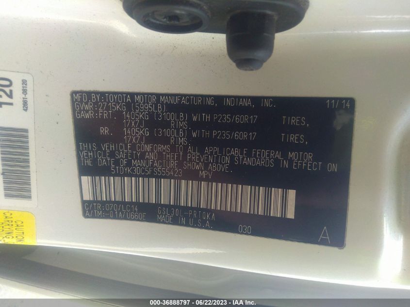 2015 TOYOTA SIENNA XLE/XLE AAS/LTD - 5TDYK3DC5FS555423