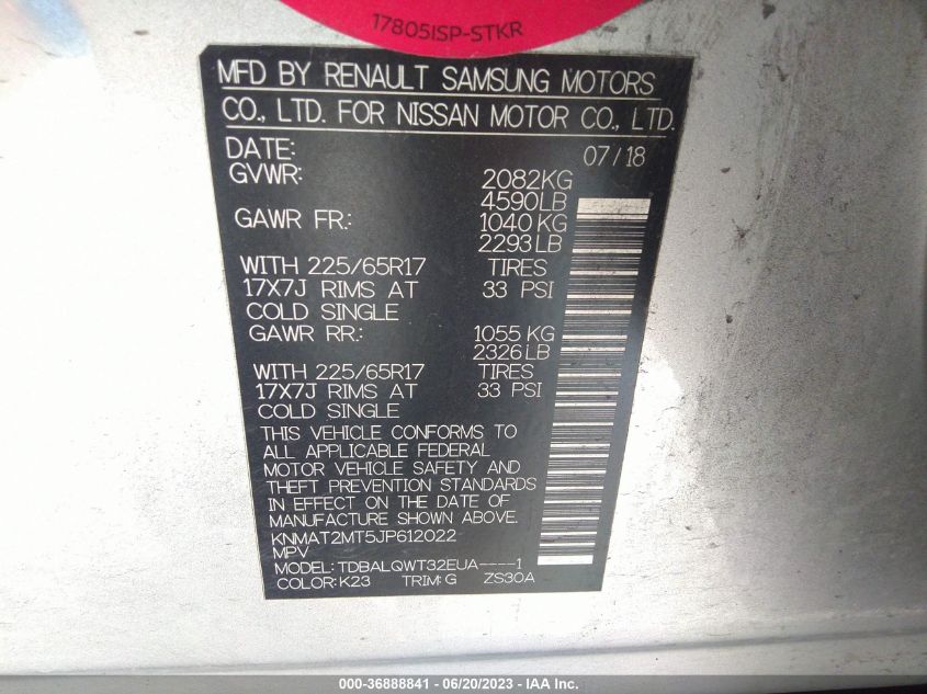 2018 NISSAN ROGUE SV - KNMAT2MT5JP612022