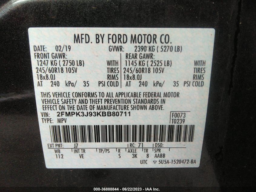 2019 FORD EDGE SEL - 2FMPK3J93KBB80711