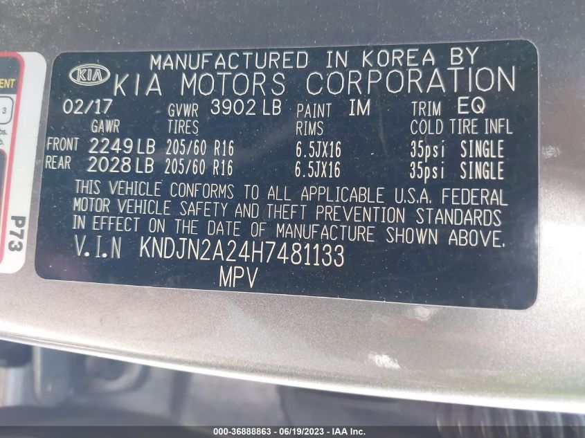 2017 KIA SOUL BASE - KNDJN2A24H7481133