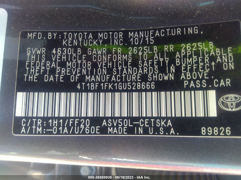 2016 TOYOTA CAMRY XLE/SE/LE/XSE - 4T1BF1FK1GU528666