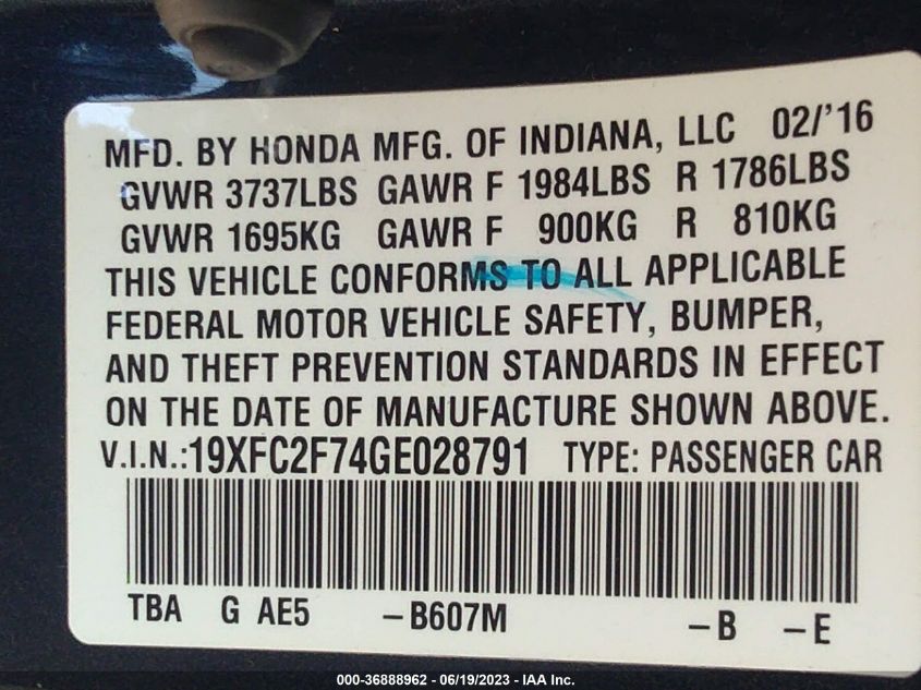 2016 HONDA CIVIC SEDAN EX - 19XFC2F74GE028791