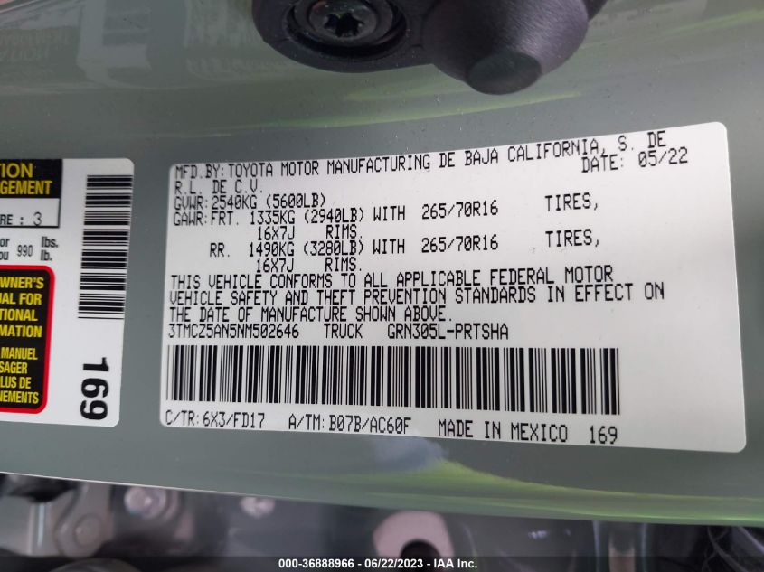 2022 TOYOTA TACOMA 4WD SR/SR5/TRD SPORT - 3TMCZ5AN5NM502646