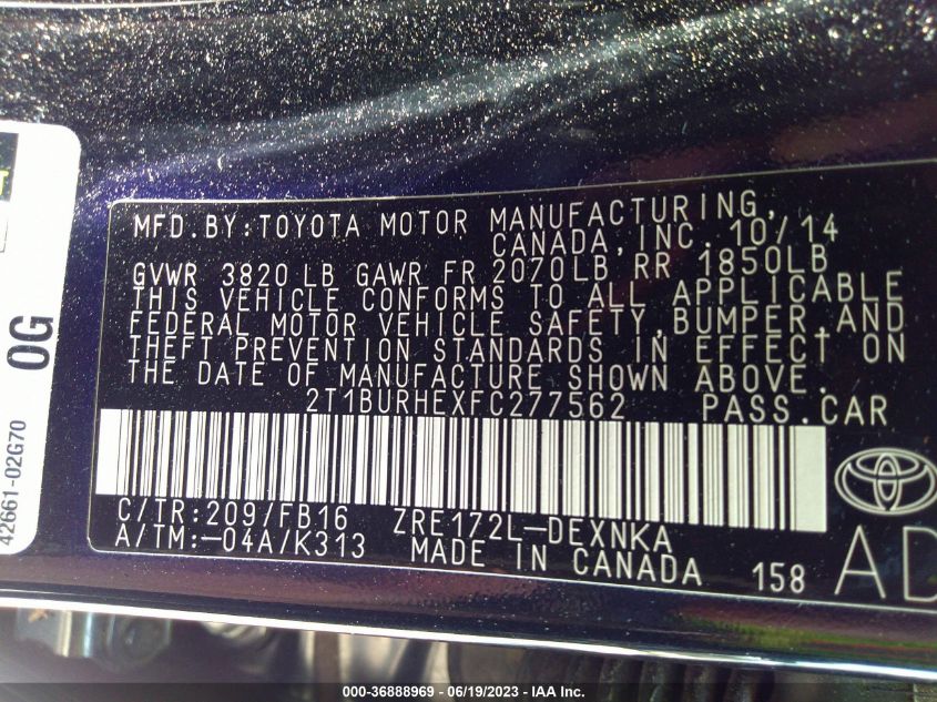 2015 TOYOTA COROLLA L/LE/S/S PLUS/LE PLUS - 2T1BURHEXFC277562