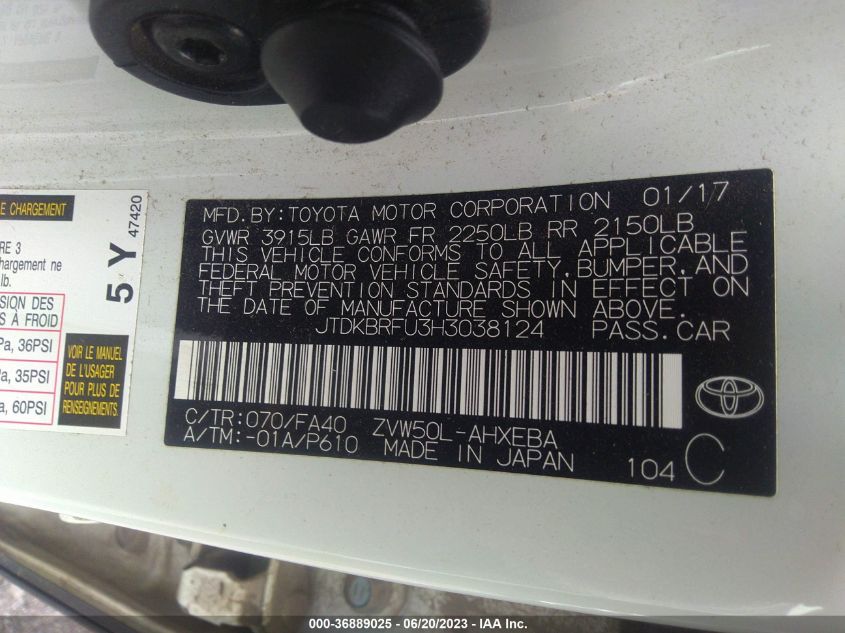 2017 TOYOTA PRIUS - JTDKBRFU3H3038124