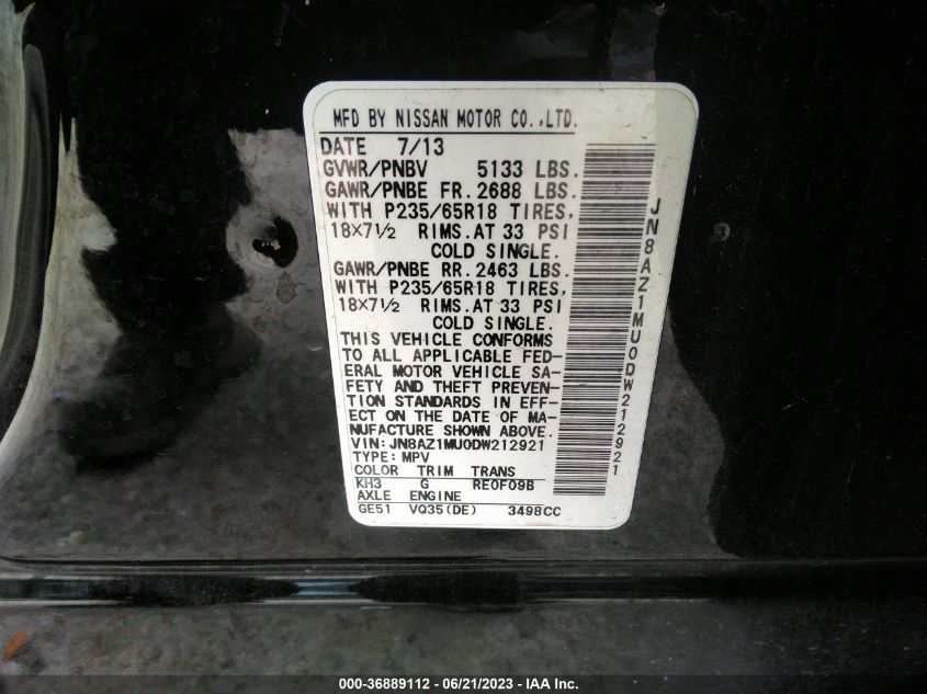 2013 NISSAN MURANO S/SL/LE - JN8AZ1MU0DW212921