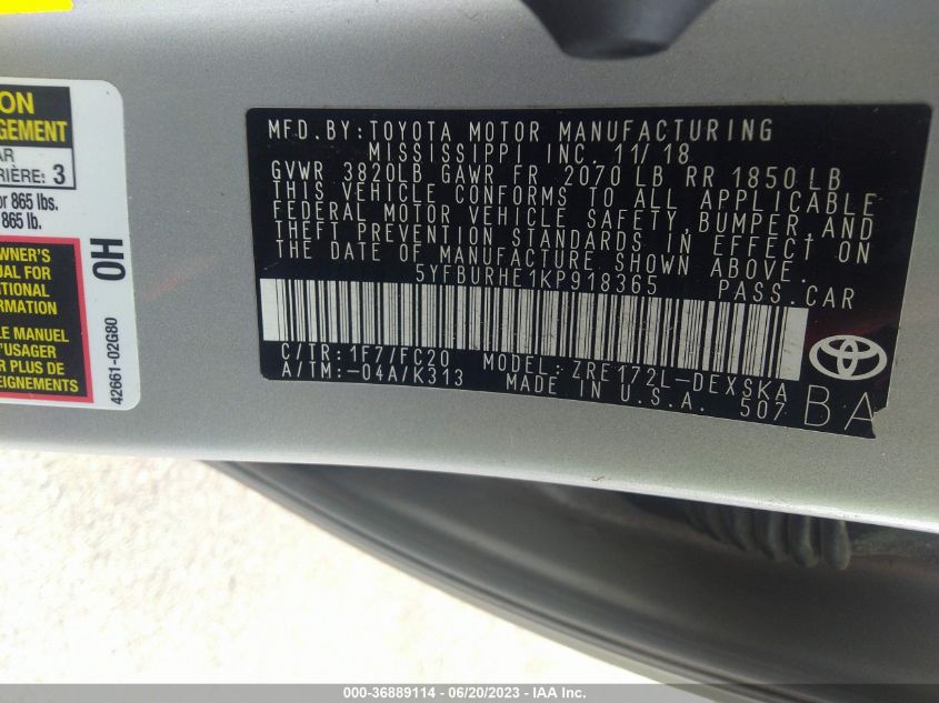 2019 TOYOTA COROLLA L/LE/SE/XLE/XSE - 5YFBURHE1KP918365