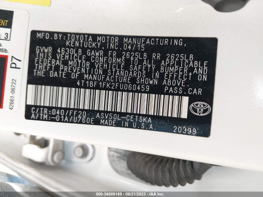 2015 TOYOTA CAMRY XLE/SE/LE/XSE - 4T1BF1FK2FU060459