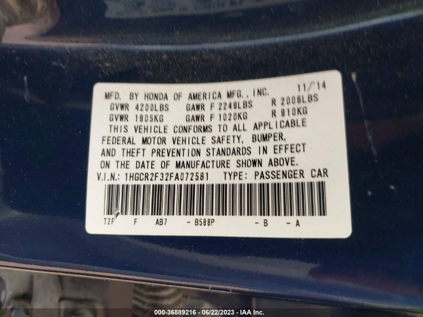 2015 HONDA ACCORD SEDAN LX - 1HGCR2F32FA072581