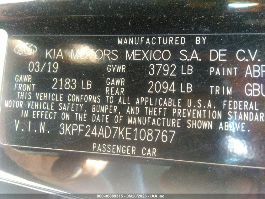2019 KIA FORTE FE/LX/LXS - 3KPF24AD7KE108767