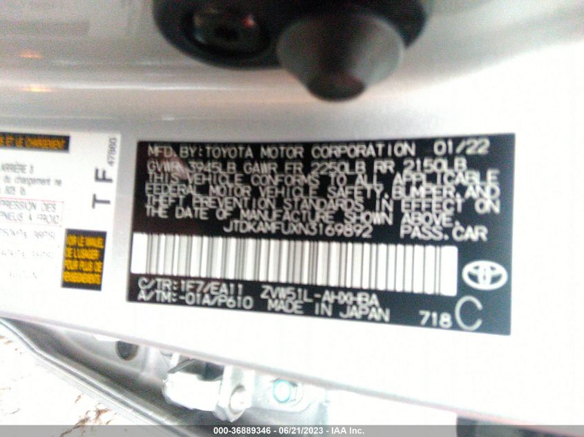 2022 TOYOTA PRIUS L - JTDKAMFUXN3169892