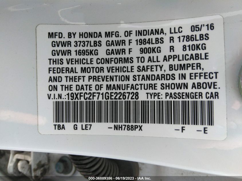 2016 HONDA CIVIC SEDAN EX - 19XFC2F71GE226728