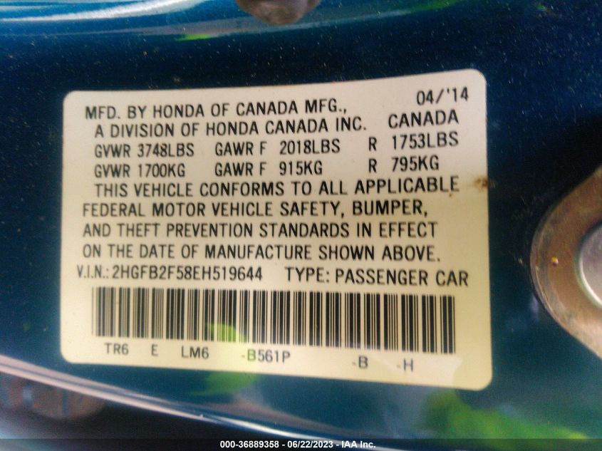 2014 HONDA CIVIC SEDAN LX - 2HGFB2F58EH519644