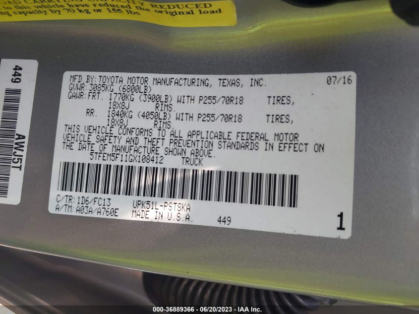2016 TOYOTA TUNDRA 2WD TRUCK SR5 - 5TFEM5F11GX108412