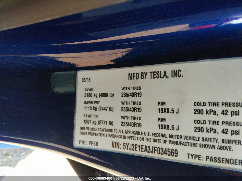 2018 TESLA MODEL 3 RANGE BATTERY - 5YJ3E1EA3JF034569