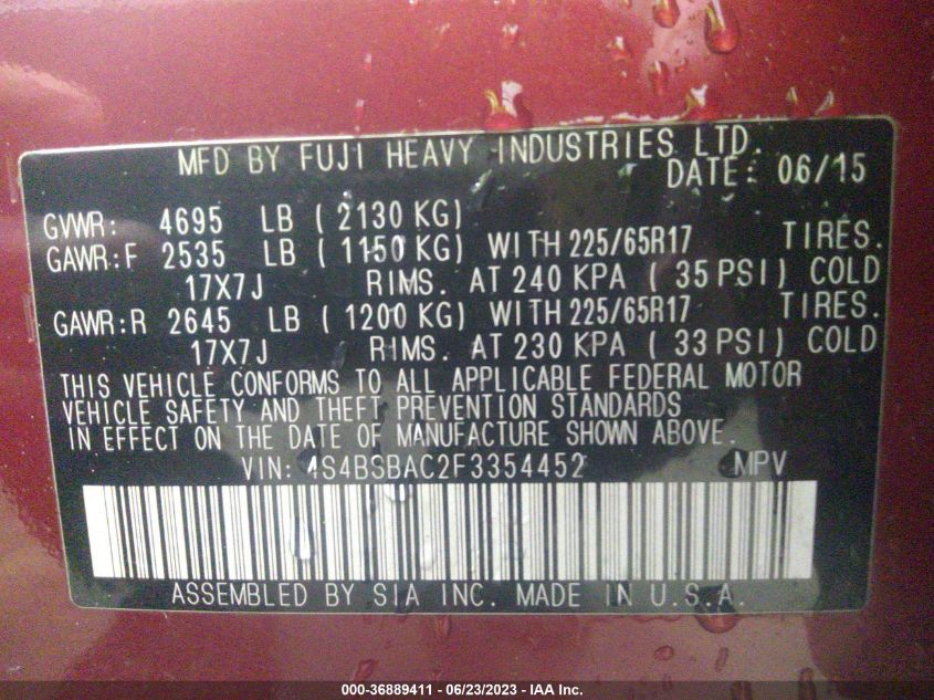 2015 SUBARU OUTBACK 2.5I - 4S4BSBAC2F3354452