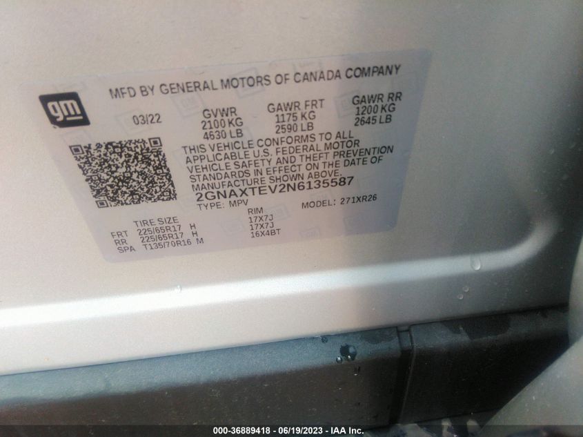 2022 CHEVROLET EQUINOX LT - 2GNAXTEV2N6135587
