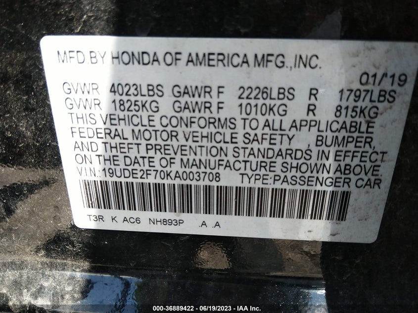 VIN 19UDE2F70KA003708 2019 ACURA ILX PREMIUM/TECHNOLOGY