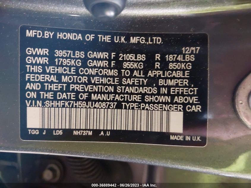 2018 HONDA CIVIC HATCHBACK EX - SHHFK7H59JU408737