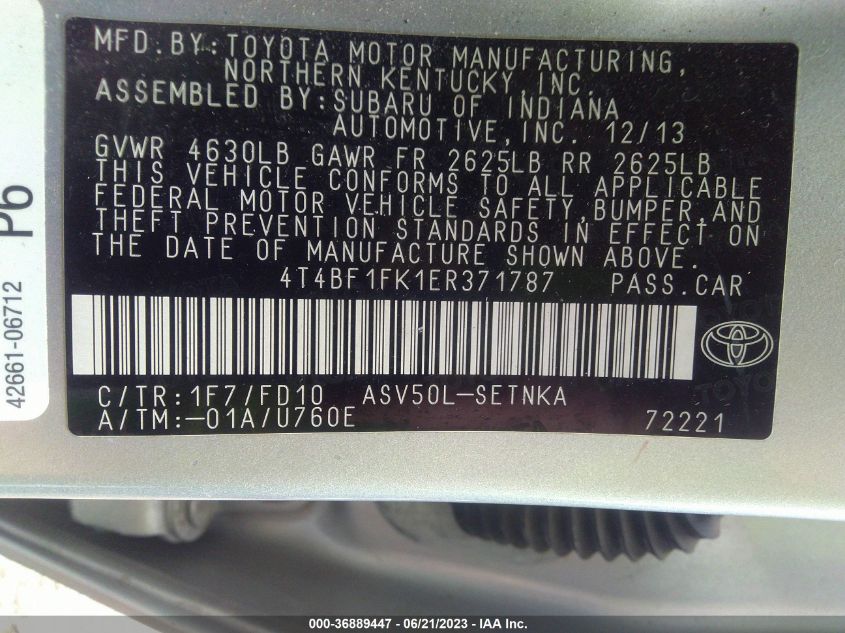 2014 TOYOTA CAMRY L/LE/XLE/SE/SE SPORT - 4T4BF1FK1ER371787