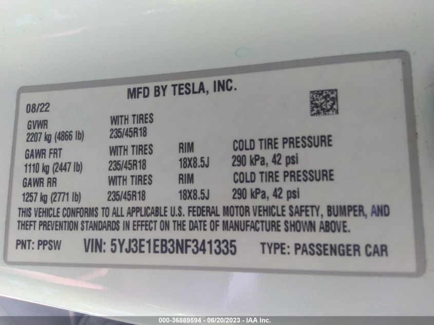 2022 TESLA MODEL 3 LONG RANGE - 5YJ3E1EB3NF341335
