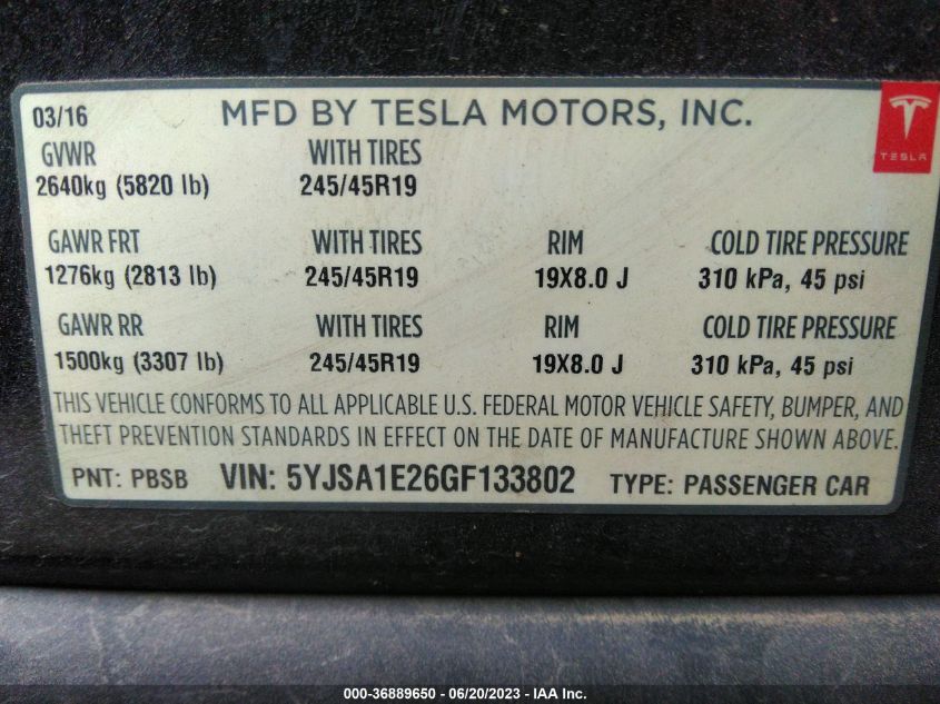 2016 TESLA MODEL S 90D/70D/75D/60D/85D - 5YJSA1E26GF133802