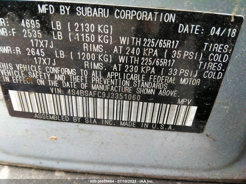 2018 SUBARU OUTBACK PREMIUM - 4S4BSAFC9J3351060