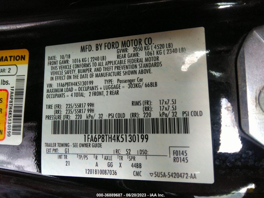 2019 FORD MUSTANG - 1FA6P8TH4K5130199