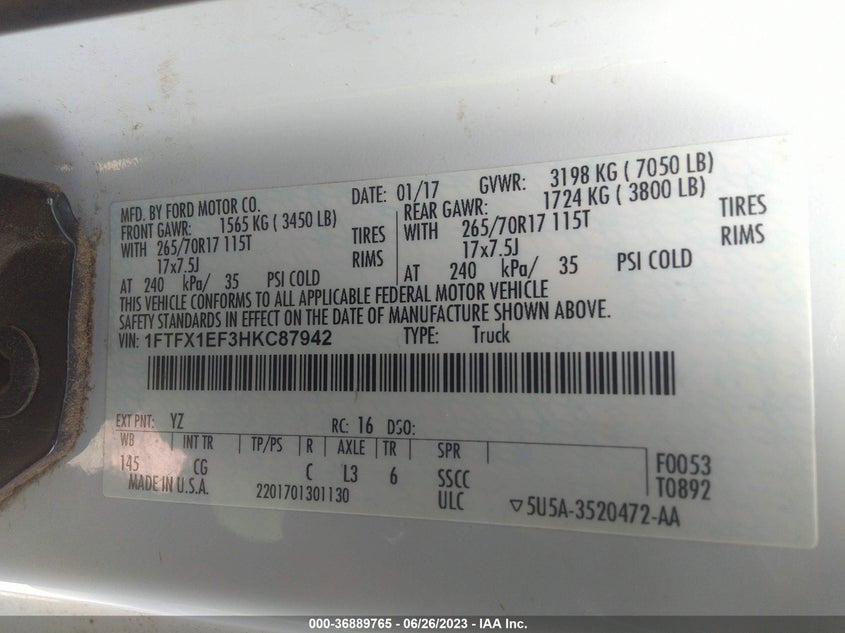 VIN 1FTFX1EF3HKC87942 2017 FORD F-150 XL/XLT/LARIAT