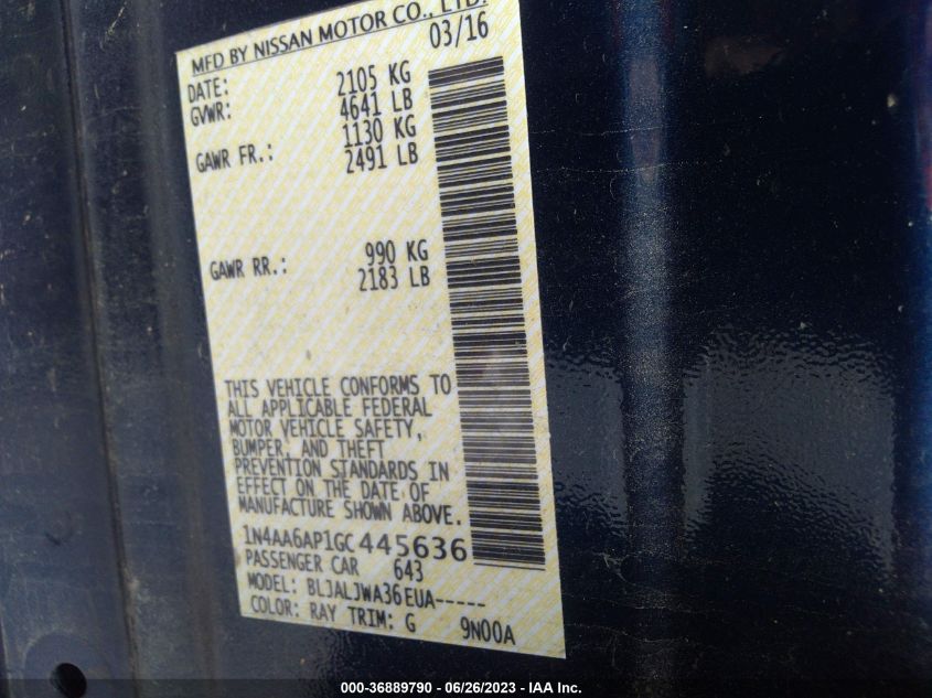 2016 NISSAN MAXIMA 3.5 SV - 1N4AA6AP1GC445636