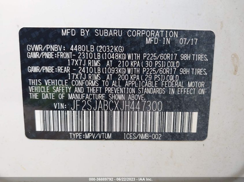 2018 SUBARU FORESTER - JF2SJABCXJH447300