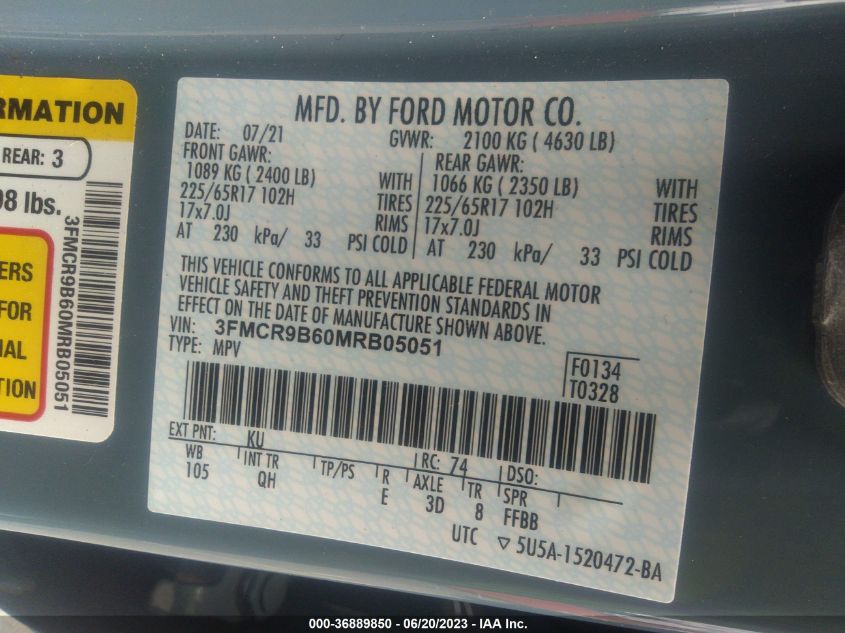 2021 FORD BRONCO SPORT BIG BEND - 3FMCR9B60MRB05051