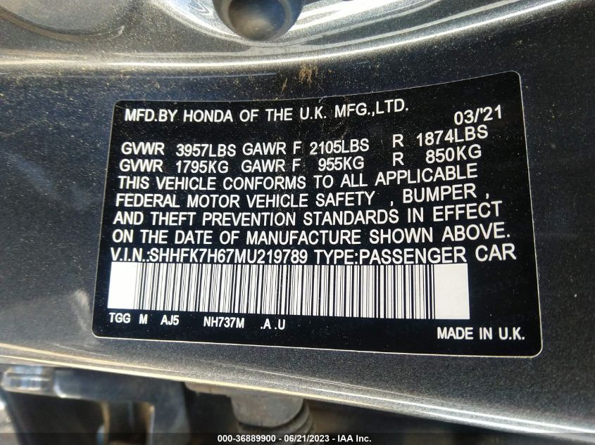 2021 HONDA CIVIC HATCHBACK EX - SHHFK7H67MU219789