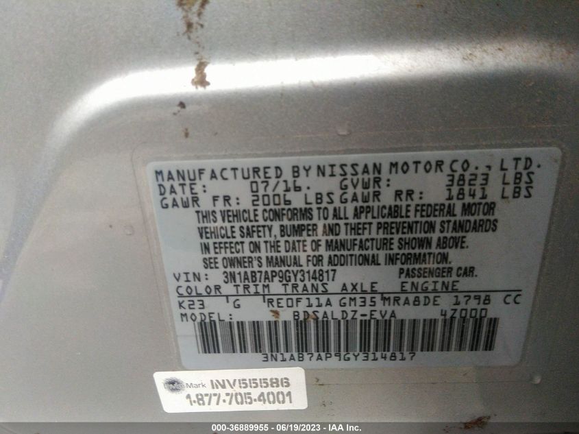 2016 NISSAN SENTRA SV - 3N1AB7AP9GY314817