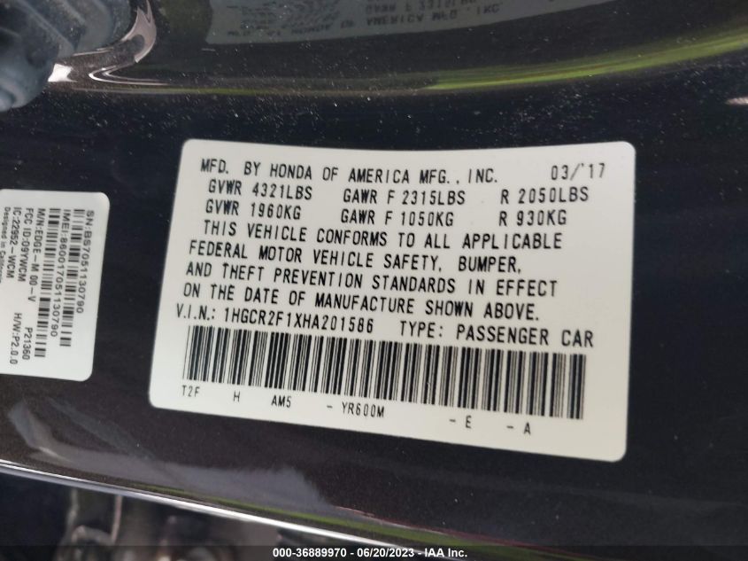 2017 HONDA ACCORD SEDAN SPORT SE - 1HGCR2F1XHA201586