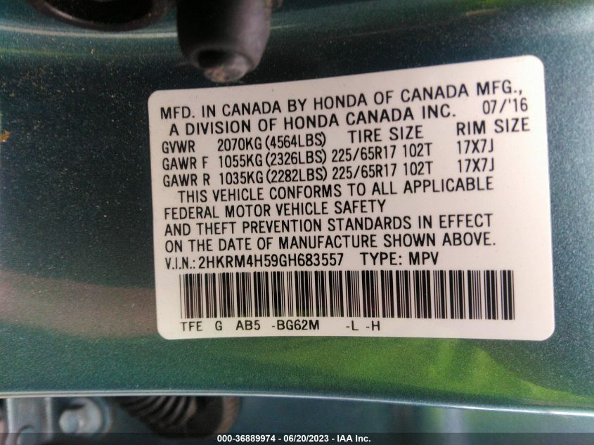 2016 HONDA CR-V EX - 2HKRM4H59GH683557