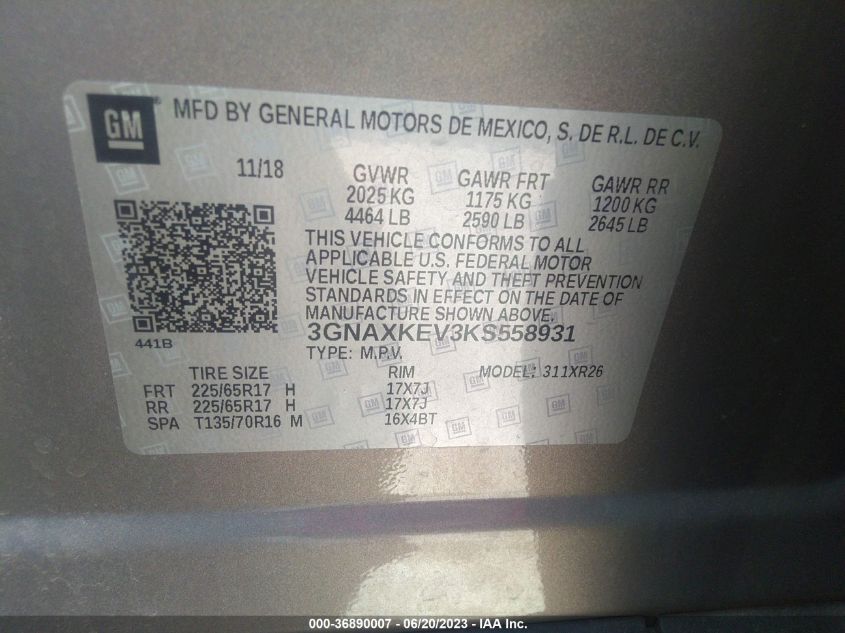 2019 CHEVROLET EQUINOX LT - 3GNAXKEV3KS558931
