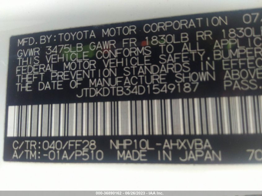 2013 TOYOTA PRIUS C ONE/TWO/THREE/FOUR - JTDKDTB34D1549187
