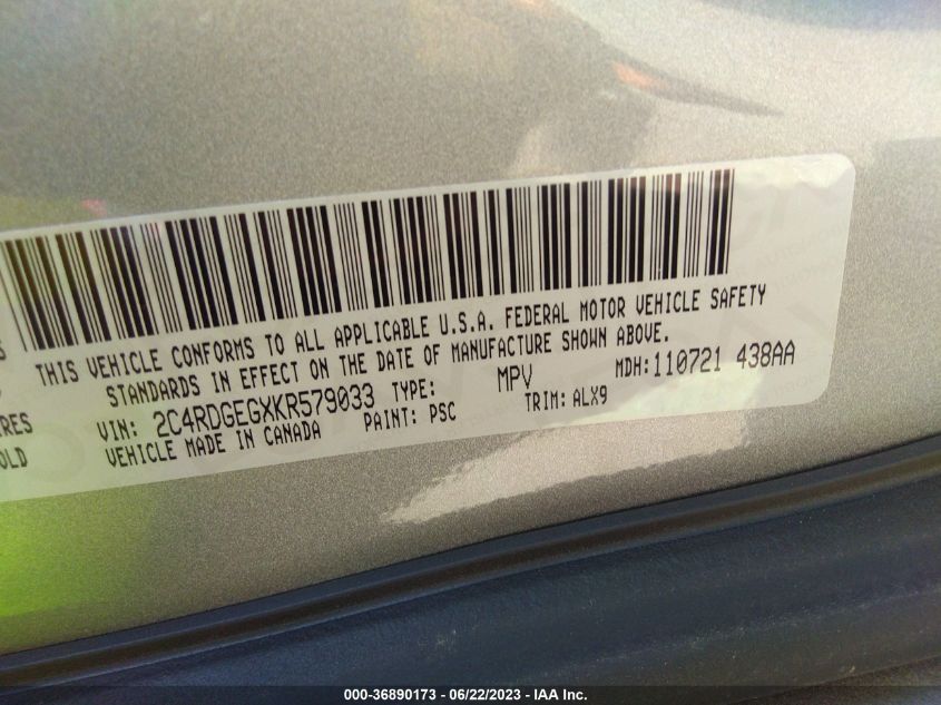 2019 DODGE GRAND CARAVAN GT - 2C4RDGEGXKR579033
