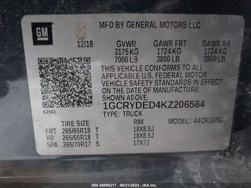 2019 CHEVROLET SILVERADO 1500 LT - 1GCRYDED4KZ206584