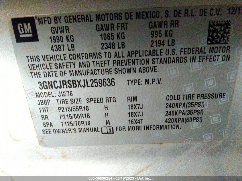 2018 CHEVROLET TRAX PREMIER - 3GNCJRSBXJL259636