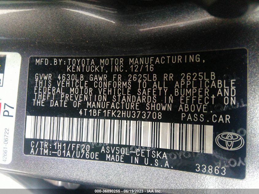2017 TOYOTA CAMRY LE/XLE/SE/XSE - 4T1BF1FK2HU373708